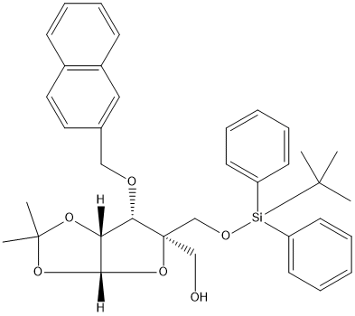 ((3aR,5R,6S,6aR)-5-((tert-butyldiphenylsilyloxy)methyl)-2,2-dimethyl-6-(naphthalen-2-ylmethoxy)-dihydro-5H-furo[3,2-d][1,3]dioxol-5-yl)methanol Struktur