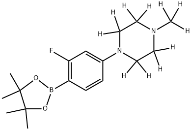 1-(3-fluoro-4-(4,4,5,5-tetramethyl-1,3,2-dioxaborolan-2-yl)phenyl)-4-(methyl-d3)piperazine-2,2,3,3,5,5,6,6-d8 Struktur