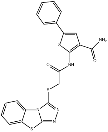 5-phenyl-2-{[([1,2,4]triazolo[3,4-b][1,3]benzothiazol-3-ylsulfanyl)acetyl]amino}thiophene-3-carboxamide Struktur