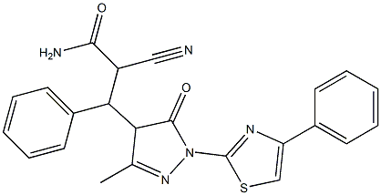 2-cyano-3-[3-methyl-5-oxo-1-(4-phenyl-1,3-thiazol-2-yl)-4,5-dihydro-1H-pyrazol-4-yl]-3-phenylpropanamide Struktur