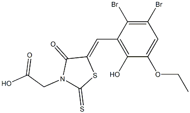 [5-(2,3-dibromo-5-ethoxy-6-hydroxybenzylidene)-4-oxo-2-thioxo-1,3-thiazolidin-3-yl]acetic acid Struktur