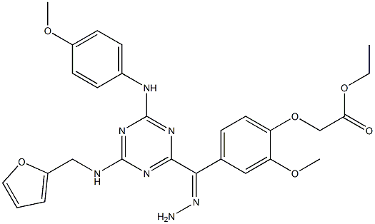 ethyl (4-{2-[4-[(2-furylmethyl)amino]-6-(4-methoxyanilino)-1,3,5-triazin-2-yl]carbohydrazonoyl}-2-methoxyphenoxy)acetate Struktur