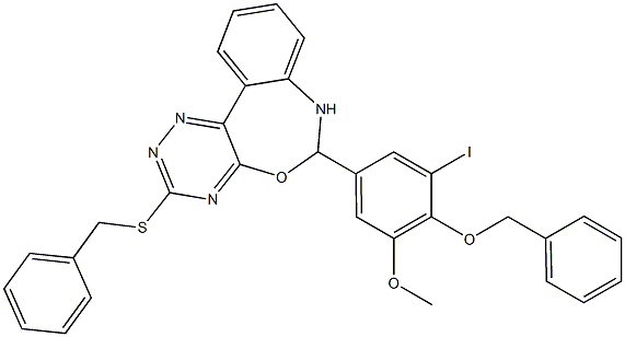 6-[4-(benzyloxy)-3-iodo-5-methoxyphenyl]-3-(benzylsulfanyl)-6,7-dihydro[1,2,4]triazino[5,6-d][3,1]benzoxazepine Struktur