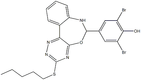 2,6-dibromo-4-[3-(pentylsulfanyl)-6,7-dihydro[1,2,4]triazino[5,6-d][3,1]benzoxazepin-6-yl]phenol Struktur