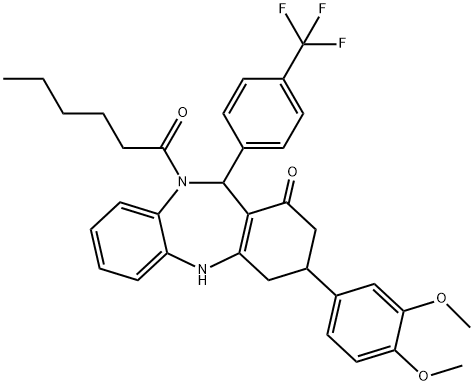 3-(3,4-dimethoxyphenyl)-10-hexanoyl-11-[4-(trifluoromethyl)phenyl]-2,3,4,5,10,11-hexahydro-1H-dibenzo[b,e][1,4]diazepin-1-one Struktur