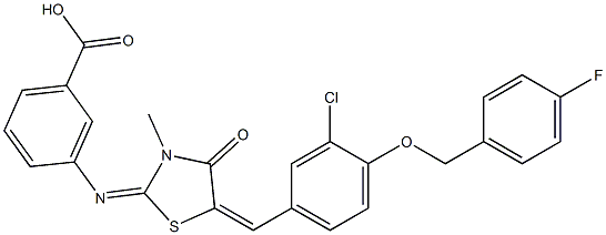 3-[(5-{3-chloro-4-[(4-fluorobenzyl)oxy]benzylidene}-3-methyl-4-oxo-1,3-thiazolidin-2-ylidene)amino]benzoic acid Struktur