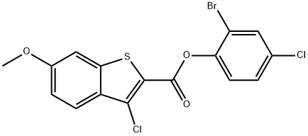 2-bromo-4-chlorophenyl 3-chloro-6-methoxy-1-benzothiophene-2-carboxylate Struktur