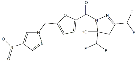 3,5-bis(difluoromethyl)-1-[5-({4-nitro-1H-pyrazol-1-yl}methyl)-2-furoyl]-4,5-dihydro-1H-pyrazol-5-ol Struktur