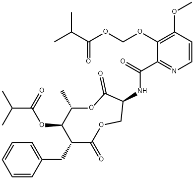 (3S,6S,7R,8R)-8-benzyl-3-{[(4-methoxy-3-{[(2-methylpropanoyl)oxy]methoxy}pyridin-2-yl)carbonyl]amino}-6-methyl-4,9-dioxo-1,5-dioxonan-7-yl 2-methylpropanoate Struktur