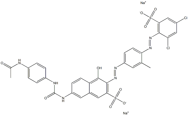 2-Naphthalenesulfonic acid, 7-[[[[4-(acetylamino)phenyl]amino]carbonyl]amino]-3-[[4-[(2,4-dichloro-6-sulfophenyl)azo]-3-methylphenyl]azo]-4-hydroxy-, disodium salt Struktur