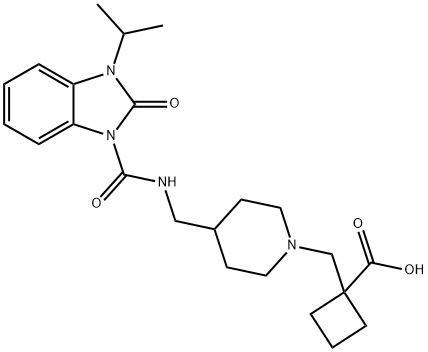 Cyclobutanecarboxylic acid, 1-[[4-[[[[2,3-dihydro-3-(1-Methylethyl)-2-oxo-1H-benziMidazol-1-yl]carbonyl]aMino]Methyl]-1-piperidinyl]Methyl]- Struktur