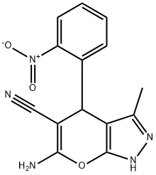 6-amino-3-methyl-4-(2-nitrophenyl)-1,4-dihydropyrano[2,3-c]pyrazole-5-carbonitrile Struktur