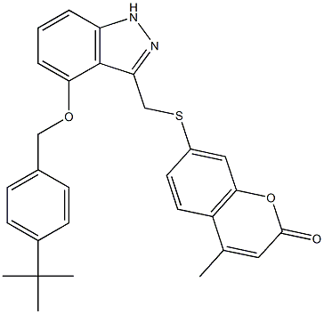 7-(4-(4-tert-butylbenzyloxy)-1H-indazol-3-ylmethylsulfanyl)-4-methylcoumarin Struktur