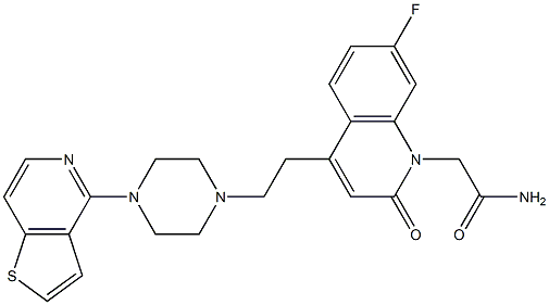 7-fluoro-2-oxo-4-(2-(4-(thieno(3,2-c)pyridin-4-yl)piperazin-1-yl)ethyl)-1,2-dihydroquinoline-1-acetamide Struktur