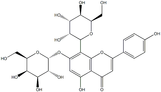 5-hydroxy-2-(4-hydroxyphenyl)-8-[(2R,3R,4S,5R,6R)-3,4,5-trihydroxy-6-(hydroxymethyl)oxan-2-yl]-7-[(2R,3R,4S,5R,6R)-3,4,5-trihydroxy-6-(hydroxymethyl)oxan-2-yl]oxy-chromen-4-one Struktur