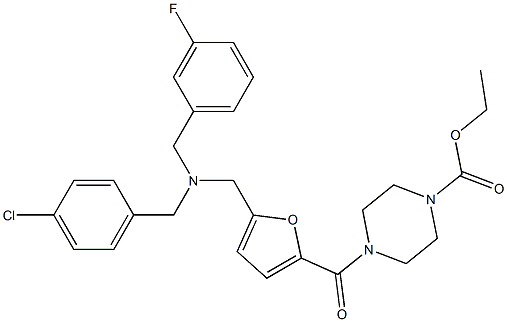 ethyl 4-[5-[[(4-chlorophenyl)methyl-[(3-fluorophenyl)methyl]amino]methyl]furan-2-carbonyl]piperazine-1-carboxylate Struktur