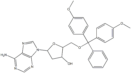 5-(6-amino-9H-purin-9-yl)-2-{[bis(4-methoxyphenyl)(phenyl)methoxy]methyl}tetrahydrofuran-3-ol Struktur