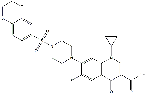 1-Cyclopropyl-7-[4-(2,3-dihydro-benzo[1,4]dioxine-6-sulfonyl)-piperazin-1-yl]-6-fluoro-4-oxo-1,4-dihydro-quinoline-3-carboxylic acid Struktur