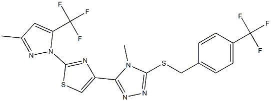 4-methyl-3-{2-[3-methyl-5-(trifluoromethyl)-1H-pyrazol-1-yl]-1,3-thiazol-4-yl}-5-{[4-(trifluoromethyl)benzyl]sulfanyl}-4H-1,2,4-triazole Struktur