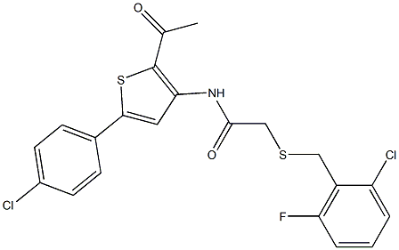 N1-[2-acetyl-5-(4-chlorophenyl)-3-thienyl]-2-[(2-chloro-6-fluorobenzyl)thio]acetamide Struktur