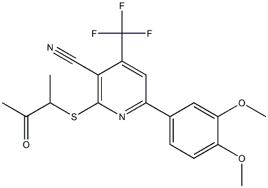 6-(3,4-dimethoxyphenyl)-2-[(1-methyl-2-oxopropyl)sulfanyl]-4-(trifluoromethyl)nicotinonitrile Struktur