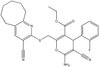 ethyl 6-amino-5-cyano-2-{[(3-cyano-5,6,7,8,9,10-hexahydrocycloocta[b]pyridin-2-yl)sulfanyl]methyl}-4-(2-fluorophenyl)-4H-pyran-3-carboxylate Struktur