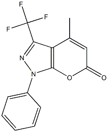 4-methyl-1-phenyl-3-(trifluoromethyl)-1,6-dihydropyrano[2,3-c]pyrazol-6-one Struktur