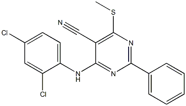 4-(2,4-dichloroanilino)-6-(methylthio)-2-phenylpyrimidine-5-carbonitrile Struktur