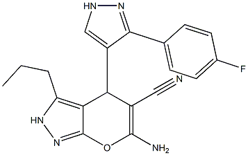 6-amino-4-[3-(4-fluorophenyl)-1H-pyrazol-4-yl]-3-propyl-2,4-dihydropyrano[2,3-c]pyrazole-5-carbonitrile Struktur