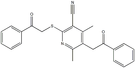 4,6-dimethyl-5-(2-oxo-2-phenylethyl)-2-[(2-oxo-2-phenylethyl)sulfanyl]nicotinonitrile Struktur