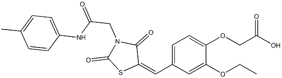 [4-({2,4-dioxo-3-[2-oxo-2-(4-toluidino)ethyl]-1,3-thiazolidin-5-ylidene}methyl)-2-ethoxyphenoxy]acetic acid Struktur