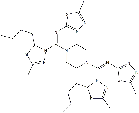 N-[(2-butyl-5-methyl-1,3,4-thiadiazol-3(2H)-yl)(4-{(2-butyl-5-methyl-1,3,4-thiadiazol-3(2H)-yl)[(5-methyl-1,3,4-thiadiazol-2-yl)imino]methyl}-1-piperazinyl)methylene]-N-(5-methyl-1,3,4-thiadiazol-2-yl
)amine Struktur