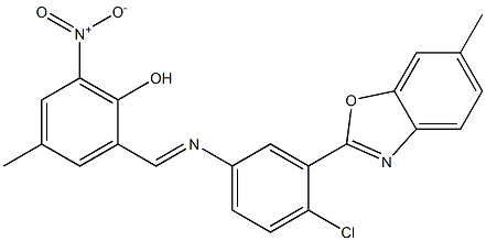 2-({[4-chloro-3-(6-methyl-1,3-benzoxazol-2-yl)phenyl]imino}methyl)-6-nitro-4-methylphenol Struktur