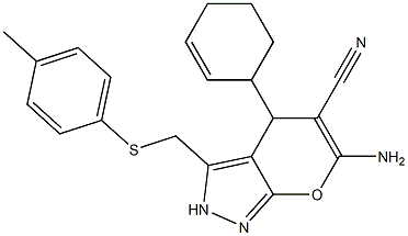 6-amino-4-(2-cyclohexen-1-yl)-3-{[(4-methylphenyl)sulfanyl]methyl}-2,4-dihydropyrano[2,3-c]pyrazole-5-carbonitrile Struktur