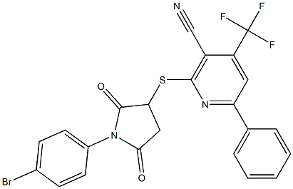 2-{[1-(4-bromophenyl)-2,5-dioxo-3-pyrrolidinyl]sulfanyl}-6-phenyl-4-(trifluoromethyl)nicotinonitrile Struktur