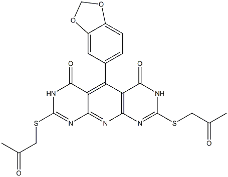 5-(1,3-benzodioxol-5-yl)-2,8-bis[(2-oxopropyl)sulfanyl]pyrimido[5',4':5,6]pyrido[2,3-d]pyrimidine-4,6(3H,7H)-dione Struktur