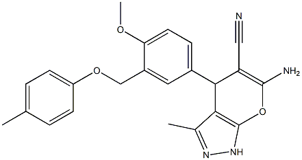 6-amino-4-{4-methoxy-3-[(4-methylphenoxy)methyl]phenyl}-3-methyl-1,4-dihydropyrano[2,3-c]pyrazole-5-carbonitrile Struktur