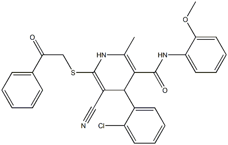 4-(2-chlorophenyl)-5-cyano-N-(2-methoxyphenyl)-2-methyl-6-[(2-oxo-2-phenylethyl)sulfanyl]-1,4-dihydro-3-pyridinecarboxamide Struktur