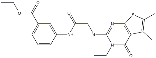 ethyl 3-({[(3-ethyl-5,6-dimethyl-4-oxo-3,4-dihydrothieno[2,3-d]pyrimidin-2-yl)sulfanyl]acetyl}amino)benzoate Struktur