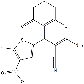 2-amino-4-{4-nitro-5-methyl-2-thienyl}-5-oxo-5,6,7,8-tetrahydro-4H-chromene-3-carbonitrile Struktur