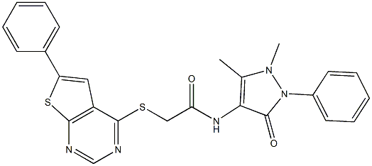 N-(1,5-dimethyl-3-oxo-2-phenyl-2,3-dihydro-1H-pyrazol-4-yl)-2-[(6-phenylthieno[2,3-d]pyrimidin-4-yl)sulfanyl]acetamide Struktur