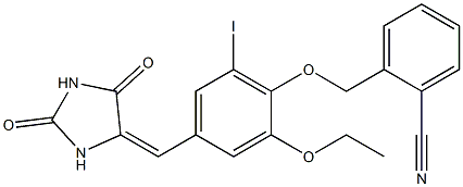 2-({4-[(2,5-dioxo-4-imidazolidinylidene)methyl]-2-ethoxy-6-iodophenoxy}methyl)benzonitrile Struktur