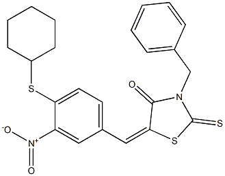 3-benzyl-5-{4-(cyclohexylsulfanyl)-3-nitrobenzylidene}-2-thioxo-1,3-thiazolidin-4-one Struktur