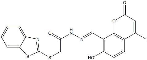 2-(1,3-benzothiazol-2-ylsulfanyl)-N'-[(7-hydroxy-4-methyl-2-oxo-2H-chromen-8-yl)methylene]acetohydrazide Struktur