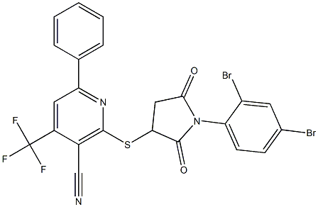 2-{[1-(2,4-dibromophenyl)-2,5-dioxo-3-pyrrolidinyl]sulfanyl}-6-phenyl-4-(trifluoromethyl)nicotinonitrile Struktur