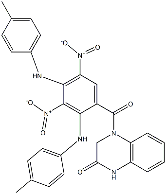 4-[3,5-bisnitro-2,4-di(4-toluidino)benzoyl]-3,4-dihydro-2(1H)-quinoxalinone Struktur