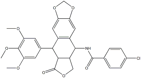 4-chloro-N-[8-oxo-9-(3,4,5-trimethoxyphenyl)-5,5a,6,8,8a,9-hexahydrofuro[3',4':6,7]naphtho[2,3-d][1,3]dioxol-5-yl]benzamide Struktur