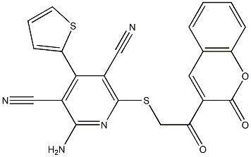 2-amino-6-{[2-oxo-2-(2-oxo-2H-chromen-3-yl)ethyl]sulfanyl}-4-(2-thienyl)-3,5-pyridinedicarbonitrile Struktur