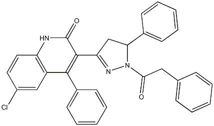 6-chloro-4-phenyl-3-[5-phenyl-1-(phenylacetyl)-4,5-dihydro-1H-pyrazol-3-yl]-2(1H)-quinolinone Struktur