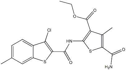 ethyl 5-(aminocarbonyl)-2-{[(3-chloro-6-methyl-1-benzothien-2-yl)carbonyl]amino}-4-methyl-3-thiophenecarboxylate Struktur